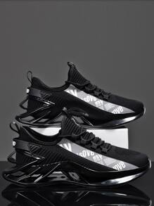 Men Letter Detail Lace-up Front Running Shoes - Black - View 3