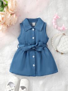 Đầm em bé Nút phía trước màu trơn Giải trí - Màu xanh lam - Xem 1