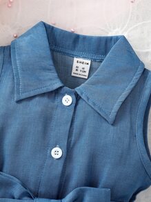 Đầm em bé Nút phía trước màu trơn Giải trí - Màu xanh lam - Xem 4