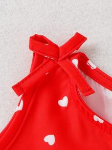 Bebé Mono con estampado de corazón de hombros con cordón bajo con fruncido - Rojo - Ver 3