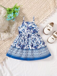 嬰幼兒女花卉印花背心連身裙 - 藍白色 - 查看 2