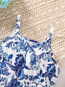 嬰幼兒女花卉印花背心連身裙 - 藍白色 - 查看 3