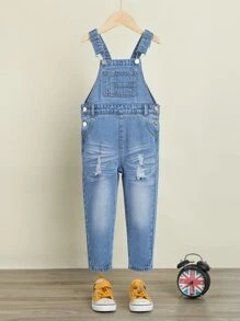 Toddler Boys Ripped Frayed Patched Pocket Denim Dungarees - Medium Wash - View 1