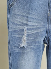 Toddler Boys Ripped Frayed Patched Pocket Denim Dungarees - Medium Wash - View 3