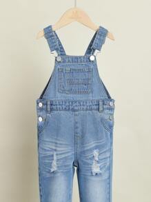Toddler Boys Ripped Frayed Patched Pocket Denim Dungarees - Medium Wash - View 5