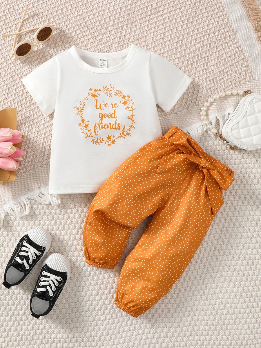 Baby Girl Slogan Graphic Tee & Polka Dot Pants - Multicolor - View 1