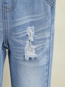 Toddler Boys Ripped Frayed Patched Pocket Denim Dungarees - Medium Wash - View 8