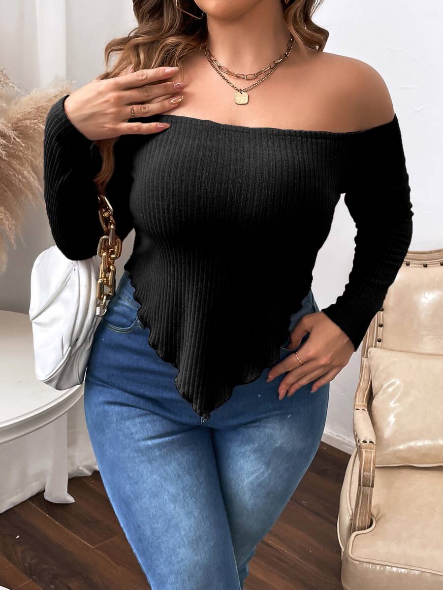 Celure Áo thun Plus size Bất đối xứng Xù nhỏ Gân đan màu trơn Giải trí - màu đen - Xem 1