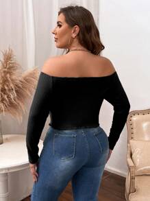 Celure Áo thun Plus size Bất đối xứng Xù nhỏ Gân đan màu trơn Giải trí - màu đen - Xem 2