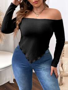 Celure Áo thun Plus size Bất đối xứng Xù nhỏ Gân đan màu trơn Giải trí - màu đen - Xem 4