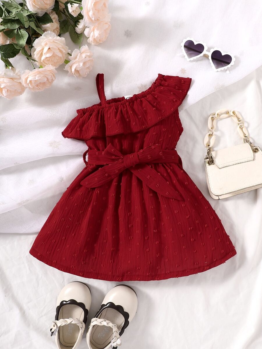 Baby Swiss Dot Asymmetrical Neck Ruffle Trim Belted Dress - Burgundy - View 1