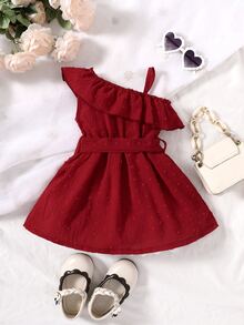 Baby Swiss Dot Asymmetrical Neck Ruffle Trim Belted Dress - Burgundy - View 2