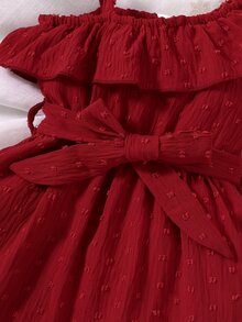 Baby Swiss Dot Asymmetrical Neck Ruffle Trim Belted Dress - Burgundy - View 3