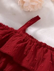 Baby Swiss Dot Asymmetrical Neck Ruffle Trim Belted Dress - Burgundy - View 4