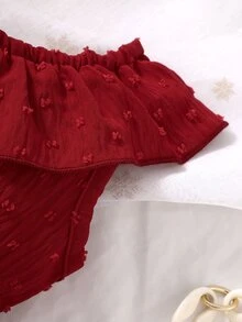 Baby Swiss Dot Asymmetrical Neck Ruffle Trim Belted Dress - Burgundy - View 5