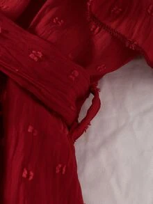 Baby Swiss Dot Asymmetrical Neck Ruffle Trim Belted Dress - Burgundy - View 6