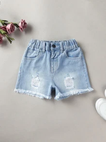 Toddler Girls Ripped Frayed Raw Hem Denim Shorts - Light Wash - View 1
