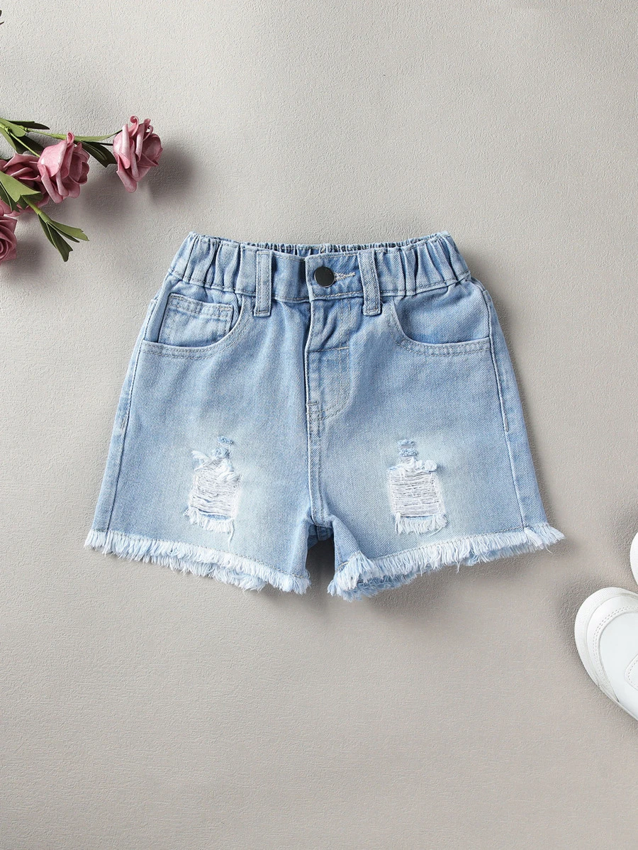Toddler Girls Ripped Frayed Raw Hem Denim Shorts - Light Wash - View 1