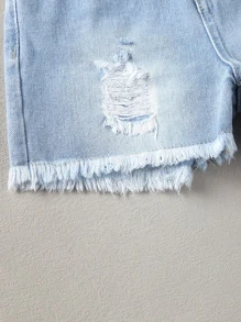 Toddler Girls Ripped Frayed Raw Hem Denim Shorts - Light Wash - View 4