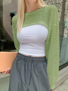 DAZY 網眼針織燈籠袖超短款上衣不附吊帶上衣 - 青檸色 - 查看 4