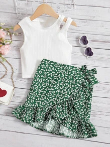 SHEIN Leap Crew Tween Girl Cut Out Tank Top & Ditsy Floral Print Ruffle Hem Skirt - Dark Green - View 1
