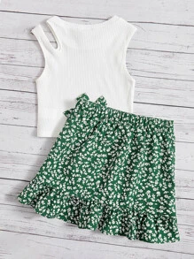 SHEIN Leap Crew Tween Girl Cut Out Tank Top & Ditsy Floral Print Ruffle Hem Skirt - Dark Green - View 2