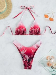 SHEIN Swim Plant Print Halter Triangle Summer Beach Bikini Set - Multicolor - View 5