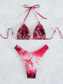 SHEIN Swim Plant Print Halter Triangle Summer Beach Bikini Set - Multicolor - View 4