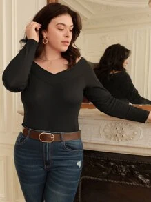 SHEIN Frenchy Plus Off Shoulder Slim Fit Bodysuit - Black - View 3