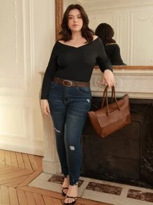 SHEIN Frenchy Plus Off Shoulder Slim Fit Bodysuit - Black - View 4