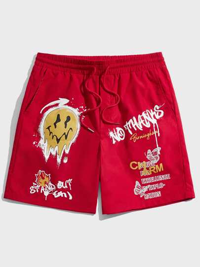 Loose Fit Men's Letter & Cartoon Face Print Drawstring Waist Shorts