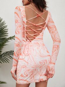 SHEIN Cottnline Allover Print Lace Up Backless Bodycon Dress - White - View 3