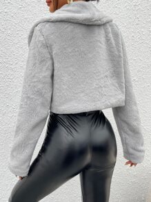 SHEIN BAE Waterfall Collar Crop Teddy Jacket - Light Grey - View 2