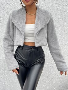 SHEIN BAE Waterfall Collar Crop Teddy Jacket - Light Grey - View 4