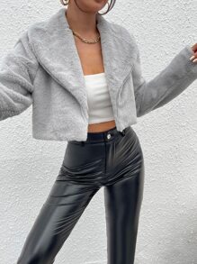 SHEIN BAE Waterfall Collar Crop Teddy Jacket - Light Grey - View 5