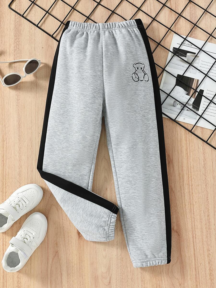 Boys Bear Print Contrast Side Seam Joggers - Light Grey - View 1