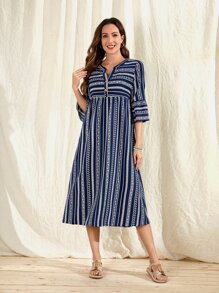 EMERY ROSE Striped Notched Neck Button Front Smock Dress - Multicolor - View 1