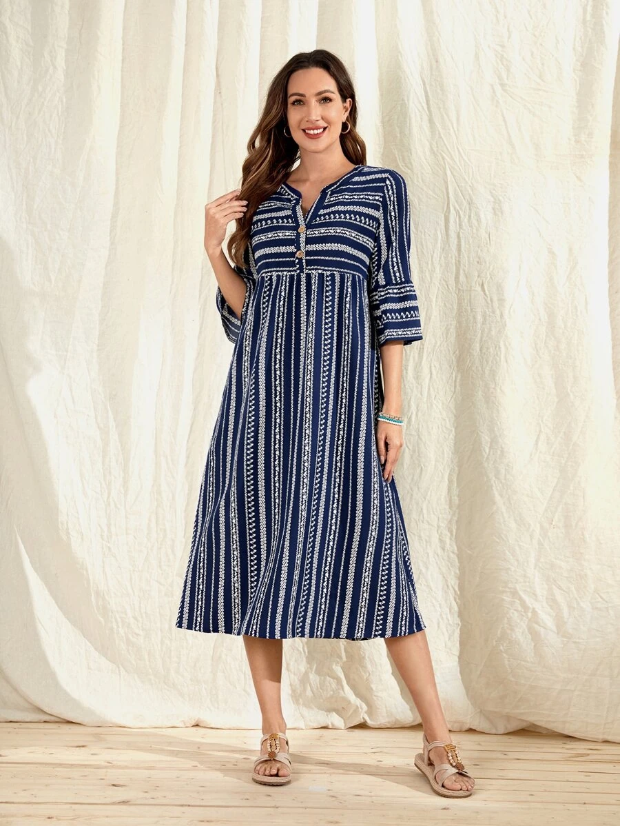 EMERY ROSE Striped Notched Neck Button Front Smock Dress - Multicolor - View 1