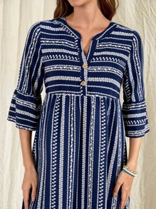 EMERY ROSE Striped Notched Neck Button Front Smock Dress - Multicolor - View 4