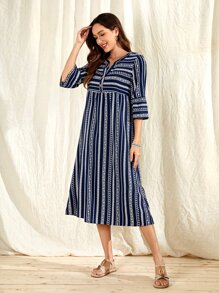 EMERY ROSE Striped Notched Neck Button Front Smock Dress - Multicolor - View 5