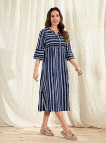 EMERY ROSE Striped Notched Neck Button Front Smock Dress - Multicolor - View 2