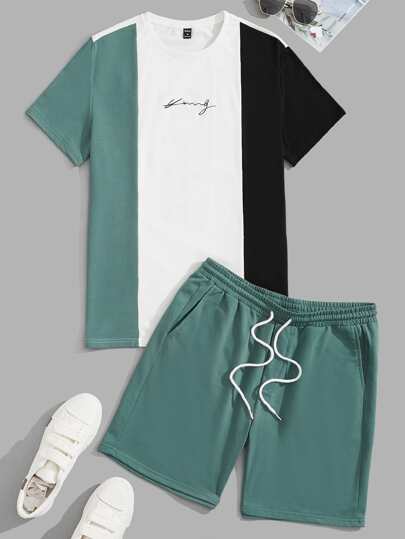 للرجال تي شيرت قطن بطباعة أحرف ألوان متباينة & بنطلون قصير رباط خصر
