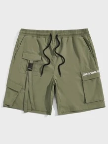 Manfinity VCAY Men Letter Graphic Flap Pocket Buckled Drawstring Waist Cargo Shorts - Army Green - View 1