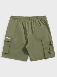 Manfinity VCAY Men Letter Graphic Flap Pocket Buckled Drawstring Waist Cargo Shorts - Army Green - View 2