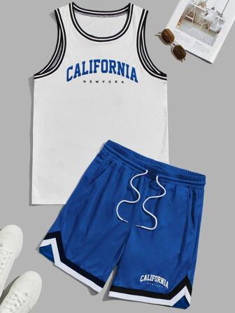 Guys Letter Graphic Contrast Trim Tank Top & Drawstring Waist Shorts