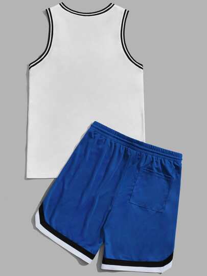 Guys Letter Graphic Contrast Trim Tank Top & Drawstring Waist Shorts