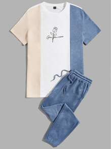 Manfinity VCAY Bộ hai mảnh Nam Dây kéo Túi Hoa Slogan Giải trí - Màu xanh bụi bặm - Xem 1