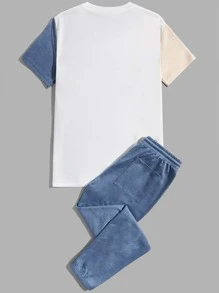 Manfinity VCAY Bộ hai mảnh Nam Dây kéo Túi Hoa Slogan Giải trí - Màu xanh bụi bặm - Xem 2