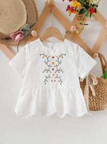 小女童花卉刺繡後鎖孔網眼刺繡荷葉邊下擺襯衫 - 白色 - 查看 1