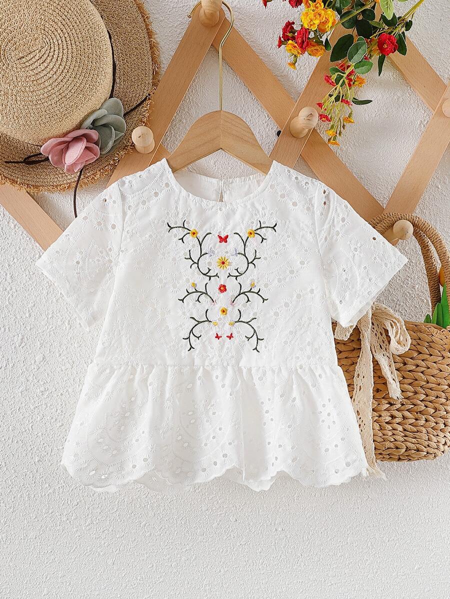 小女童花卉刺繡後鎖孔網眼刺繡荷葉邊下擺襯衫 - 白色 - 查看 1
